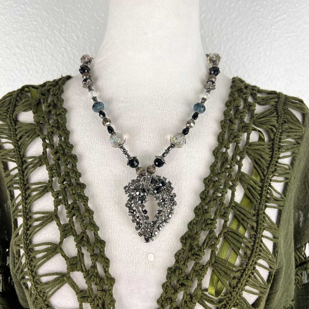 Victorian Gothic Jeweled Heart Pendant Necklace Black Rhinestone Beaded Witchy